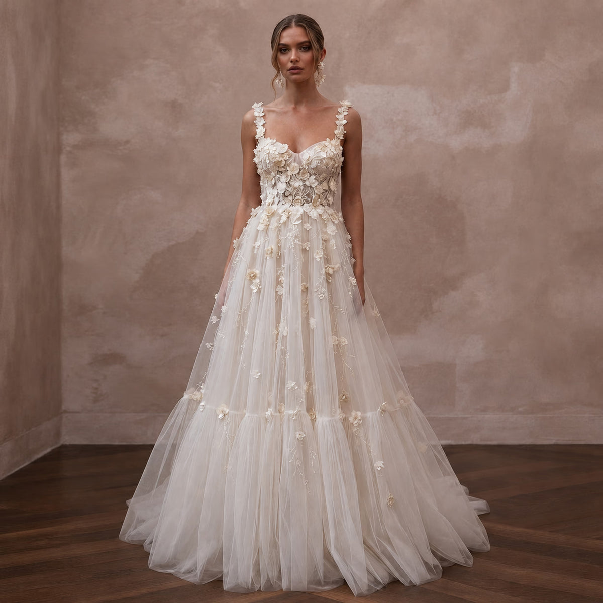 Flora Ivory 3D Floral Appliqué Tulle for Garden Party Elopement - Apparel & Accessories > Clothing > Wedding & Bridal Party Dresses > Wedding Dresses - Mignonette Bridal