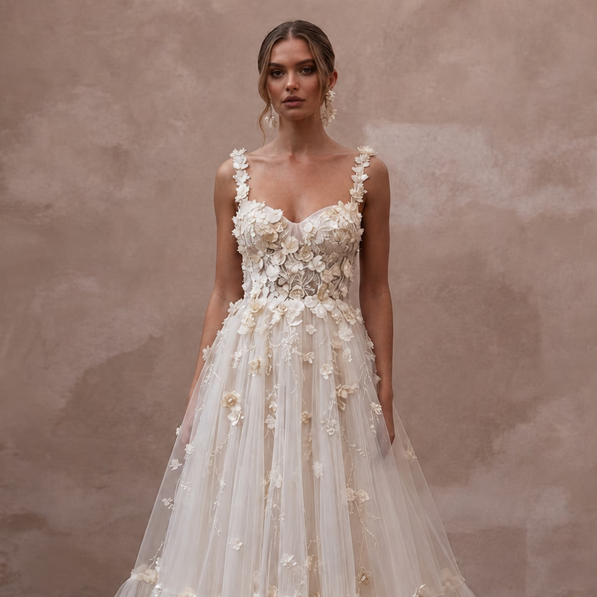 Flora Ivory 3D Floral Appliqué Tulle for Garden Party Elopement - Apparel & Accessories > Clothing > Wedding & Bridal Party Dresses > Wedding Dresses - Mignonette Bridal