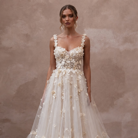 Flora Ivory 3D Floral Appliqué Tulle for Garden Party Elopement - Apparel & Accessories > Clothing > Wedding & Bridal Party Dresses > Wedding Dresses - Mignonette Bridal