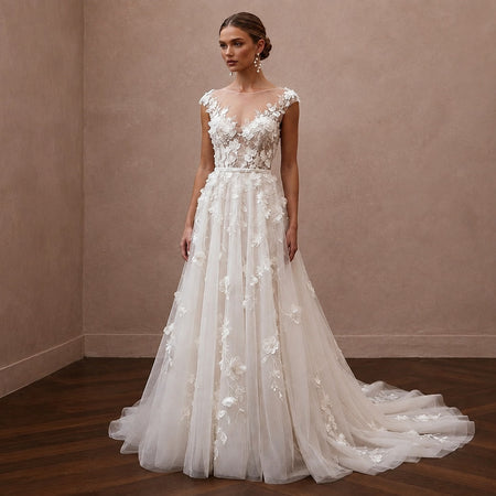 Floral Applique A-Line Bridal Gown with Illusion Neckline for a Garden Ceremony