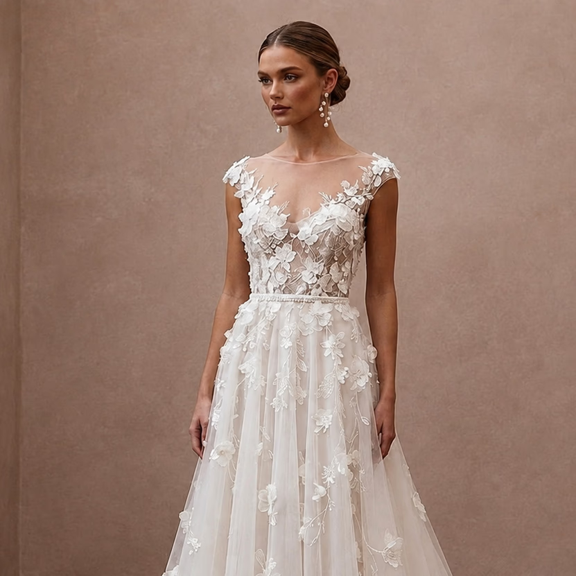 Floral Applique A-Line Bridal Gown with Illusion Neckline for a Garden Ceremony