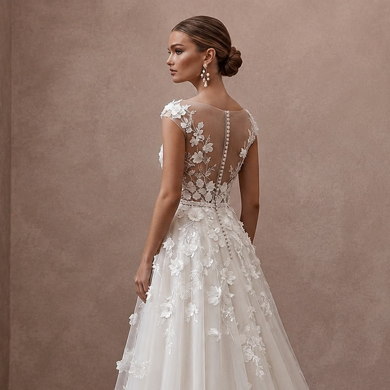 Floral Applique A-Line Bridal Gown with Illusion Neckline for a Garden Ceremony