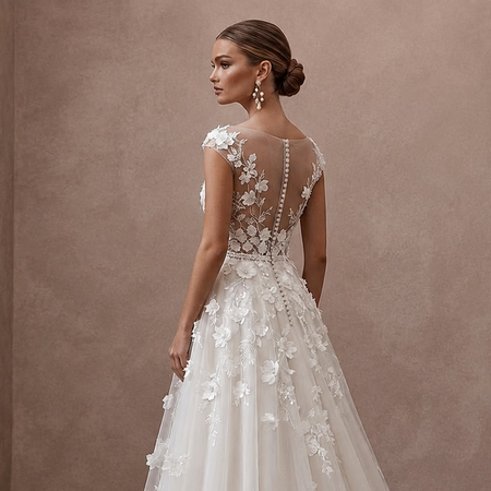 Floral Applique A-Line Bridal Gown with Illusion Neckline for a Garden Ceremony