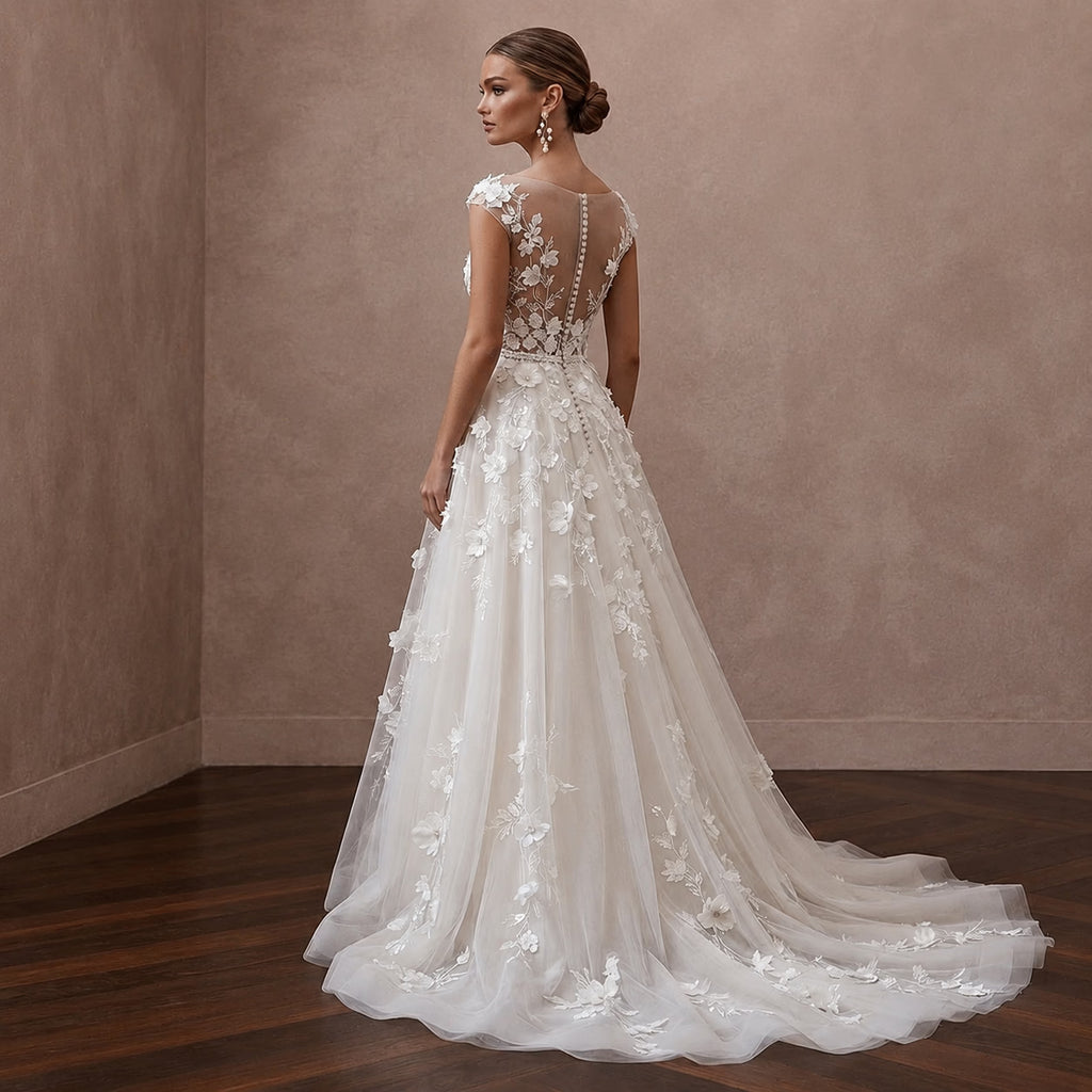 Floral Applique A-Line Bridal Gown with Illusion Neckline for a Garden Ceremony