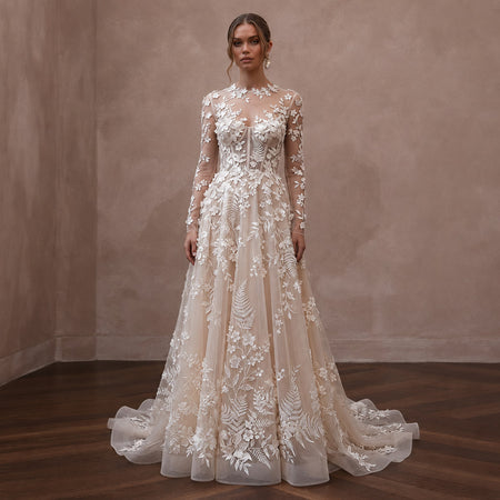 Floral Applique Bridal Dress with Long Sleeves for a Botanical Wedding