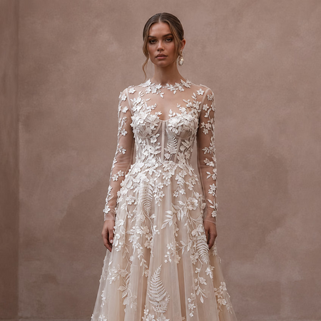 Floral Applique Bridal Dress with Long Sleeves for a Botanical Wedding
