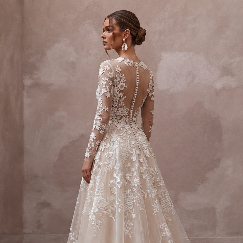 Floral Applique Bridal Dress with Long Sleeves for a Botanical Wedding