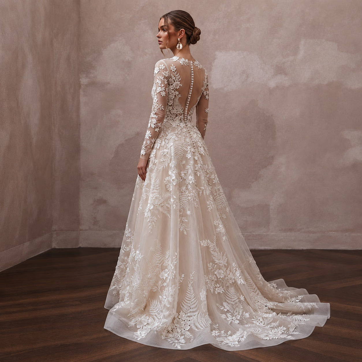 Floral Applique Bridal Dress with Long Sleeves for a Botanical Wedding