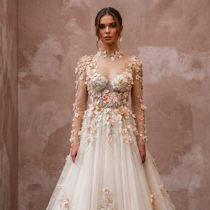 Floral Applique Bridal Gown for a Spring Wedding