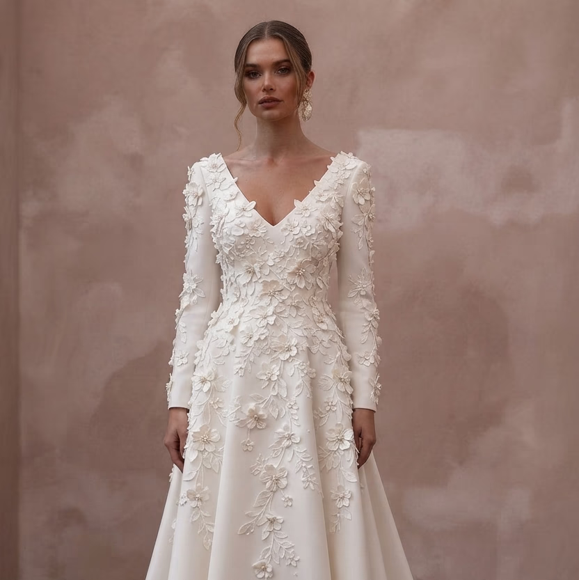 Floral Appliqué Wedding Dresses with 3D Blossoms - Apparel & Accessories > Clothing > Wedding & Bridal Party Dresses > Wedding Dresses - Mignonette