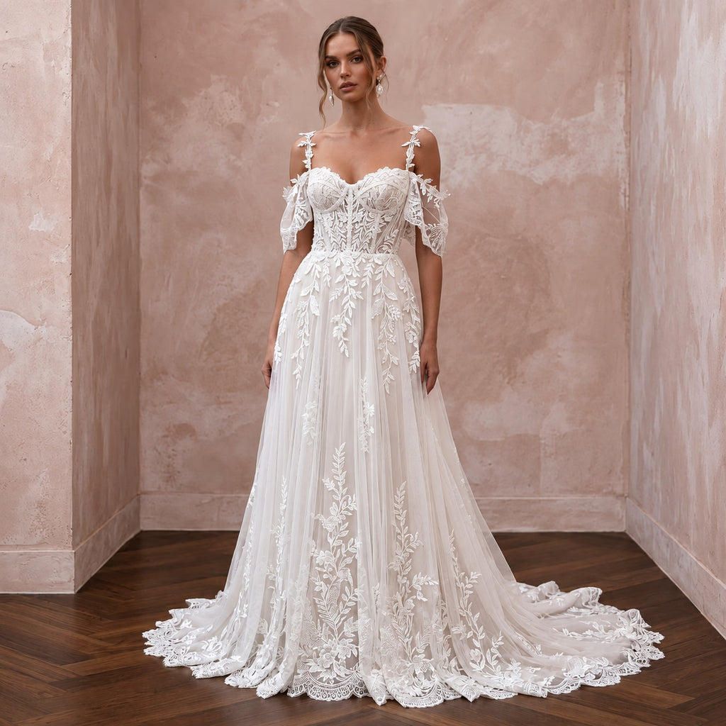 Floral Chiffon Bridal Dress for a Summer Garden Ceremony - Apparel & Accessories > Clothing > Wedding & Bridal Party Dresses > Wedding Dresses - Mignonette Bridal