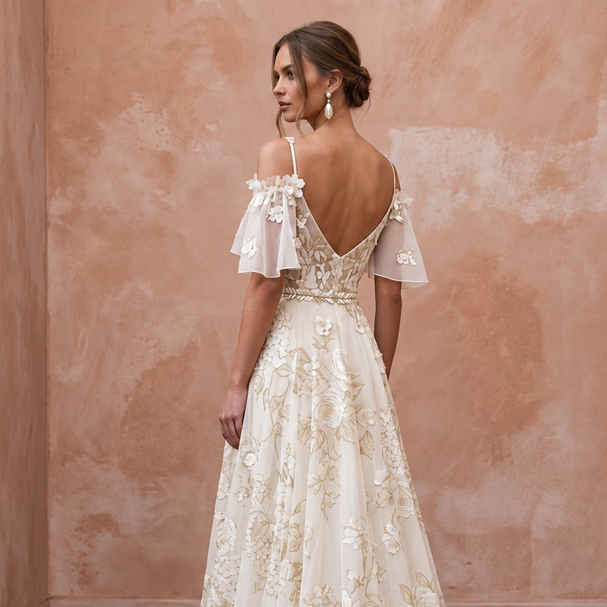 Floral Chiffon Bridal Dress for a Summer Garden Ceremony - Apparel & Accessories > Clothing > Wedding & Bridal Party Dresses > Wedding Dresses - Mignonette Bridal
