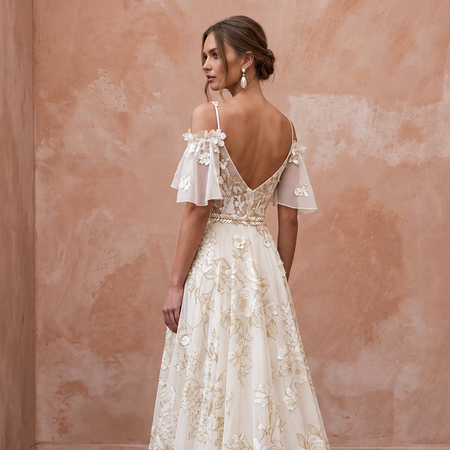 Floral Chiffon Bridal Dress for a Summer Garden Ceremony - Apparel & Accessories > Clothing > Wedding & Bridal Party Dresses > Wedding Dresses - Mignonette Bridal