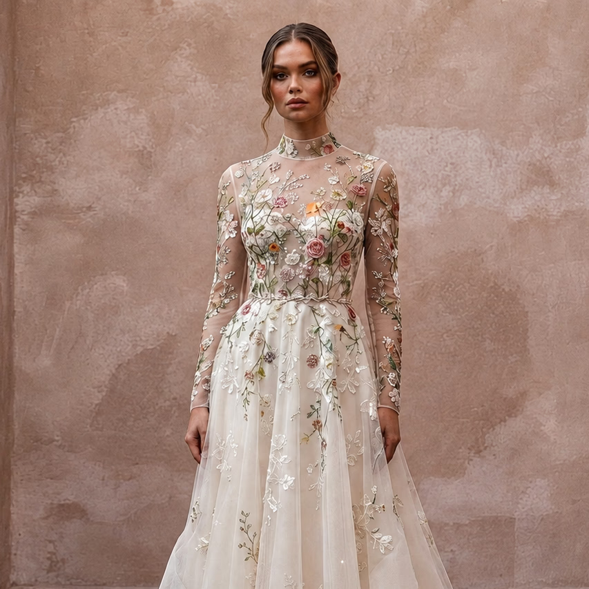 Floral Embroidered Bridal Dress for a Spring Garden Ceremony