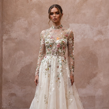 Floral Embroidered Bridal Dress for a Spring Garden Ceremony