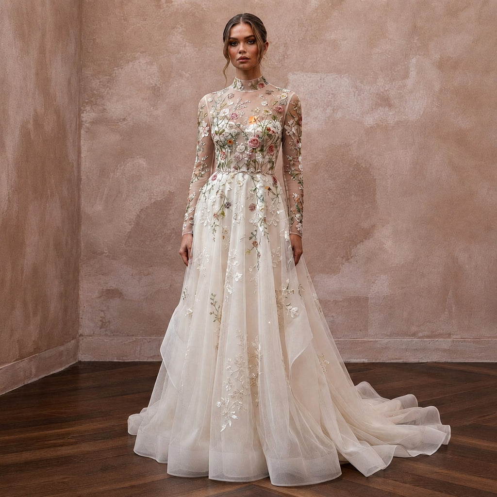 Floral Embroidered Bridal Dress for a Spring Garden Ceremony