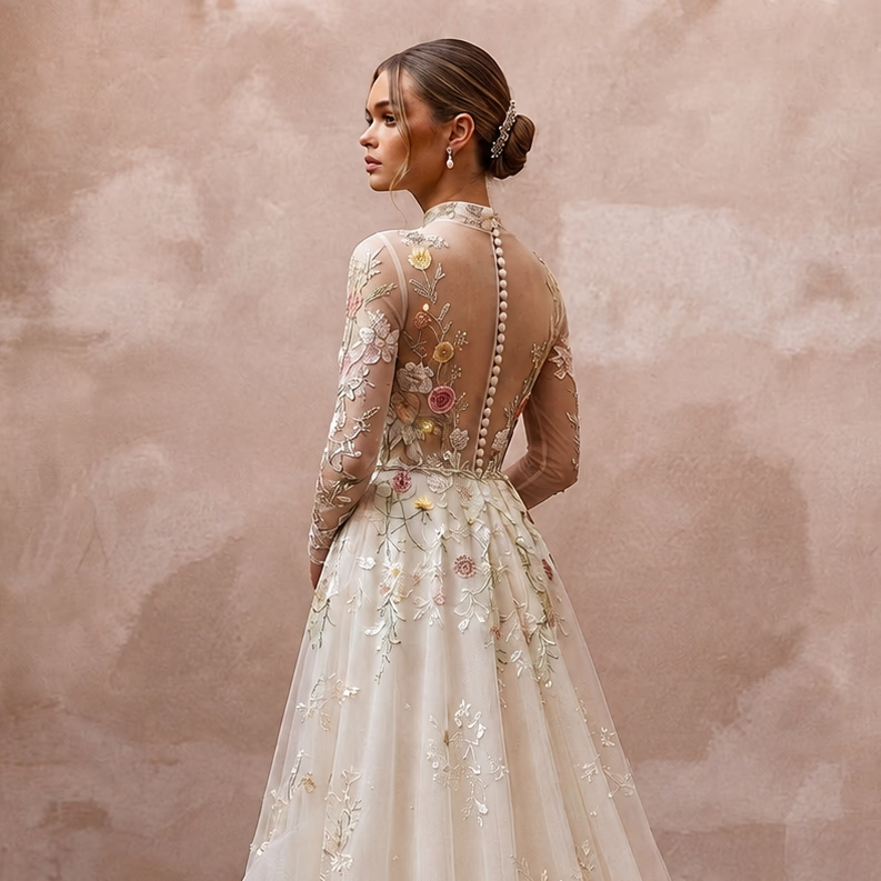 Floral Embroidered Bridal Dress for a Spring Garden Ceremony