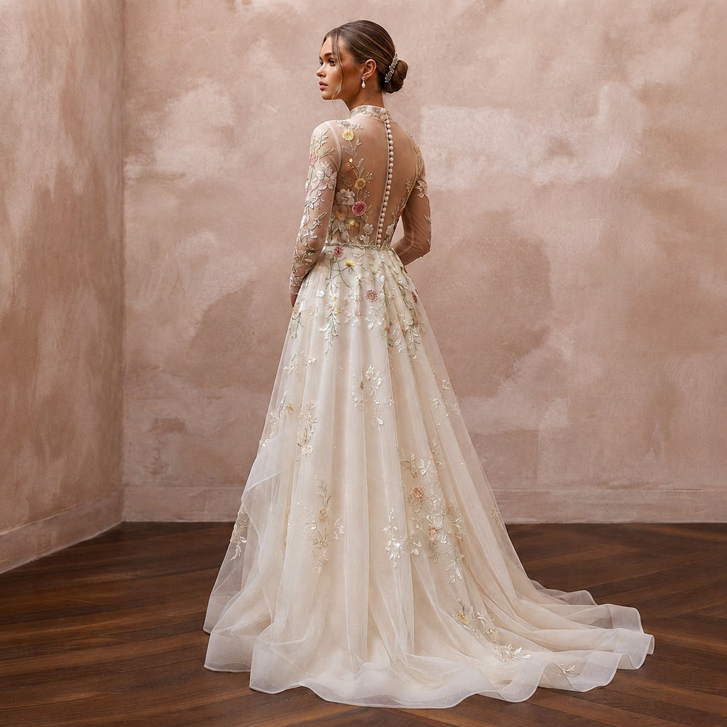 Floral Embroidered Bridal Dress for a Spring Garden Ceremony