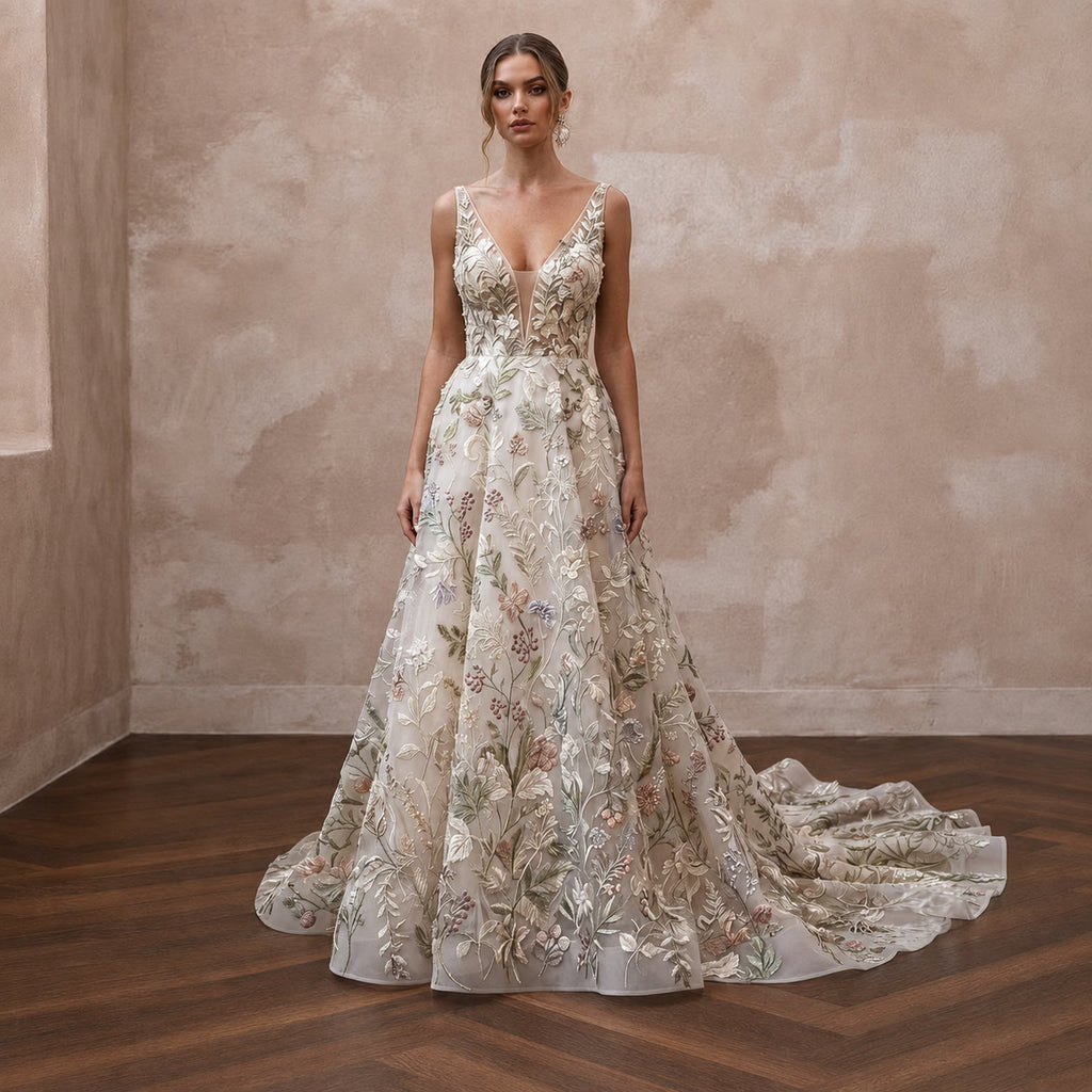 Floral Embroidered Wedding Dresses with Botanical Designs - Apparel & Accessories > Clothing > Wedding & Bridal Party Dresses > Wedding Dresses - Mignonette