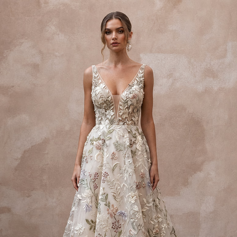 Floral Embroidered Wedding Dresses with Botanical Designs - Apparel & Accessories > Clothing > Wedding & Bridal Party Dresses > Wedding Dresses - Mignonette