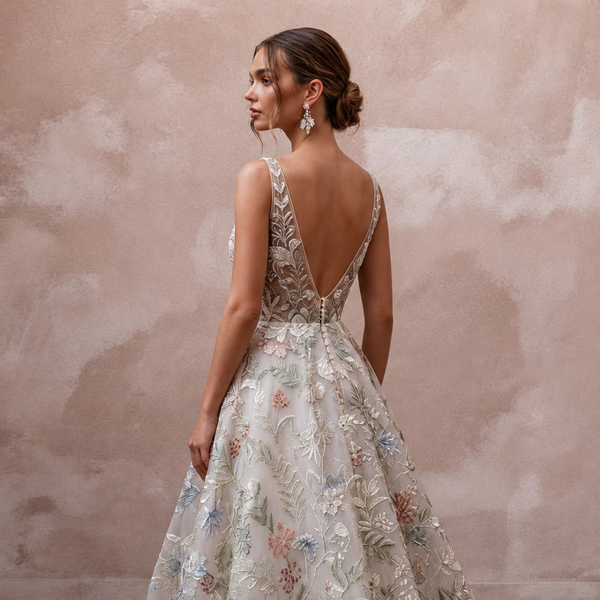 Floral Embroidered Wedding Dresses with Botanical Designs - Apparel & Accessories > Clothing > Wedding & Bridal Party Dresses > Wedding Dresses - Mignonette