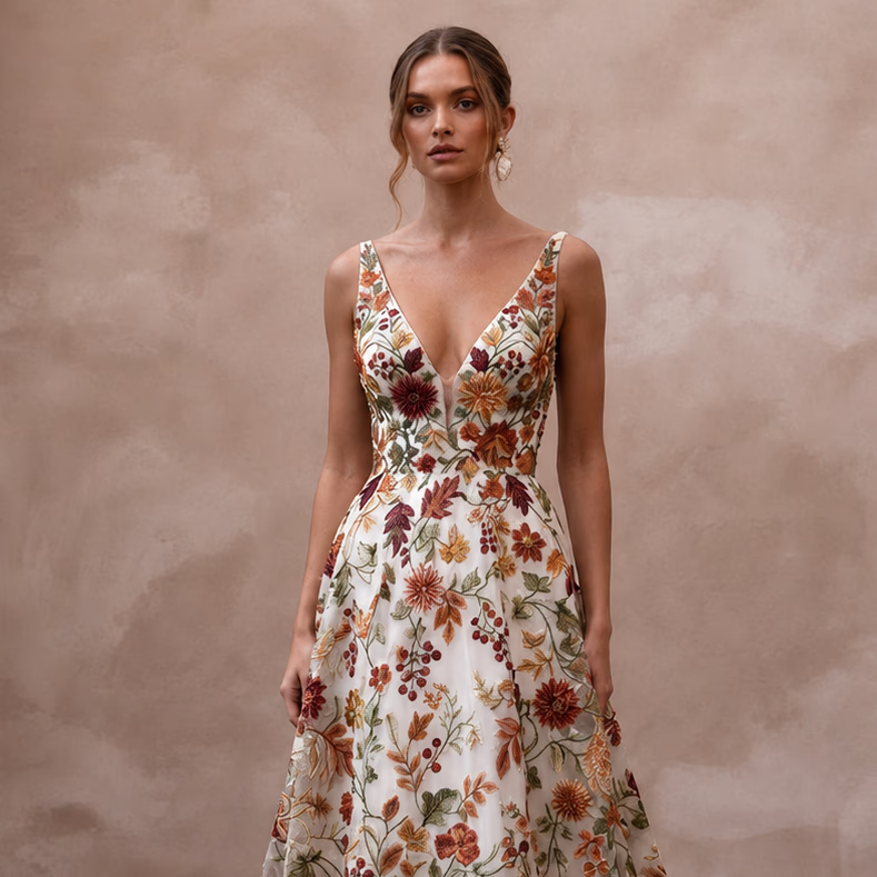 Floral Embroidered Wedding Dress for a Fall Garden Wedding
