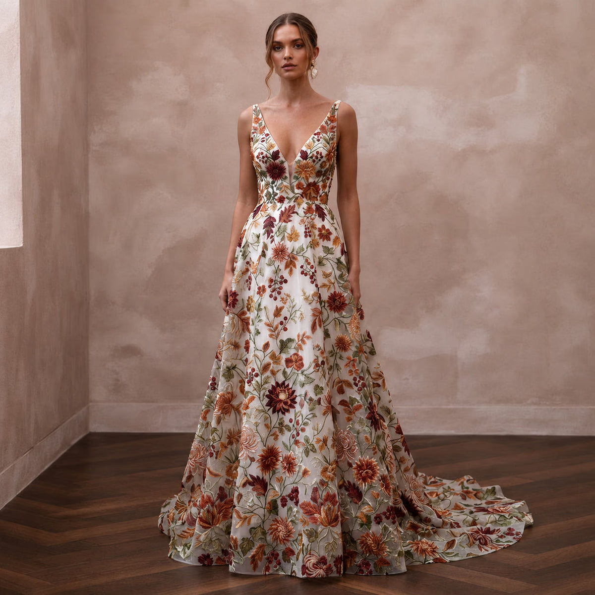 Floral Embroidered Wedding Dress for a Fall Garden Wedding - Apparel & Accessories > Clothing > Wedding & Bridal Party Dresses > Wedding Dresses - Mignonette Bridal Main image