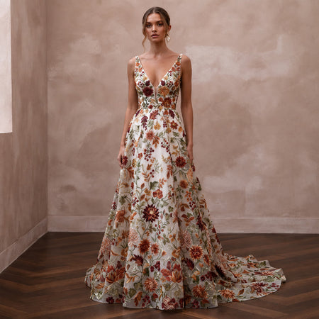 Floral Embroidered Wedding Dress for a Fall Garden Wedding
