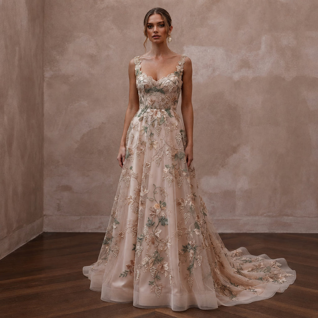 Floral Embroidered Wedding Gown for a Romantic Vineyard Ceremony