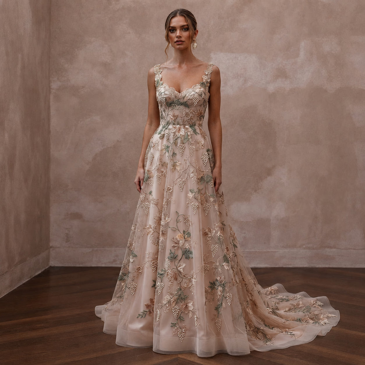 Floral Embroidered Wedding Gown for a Romantic Vineyard Ceremony