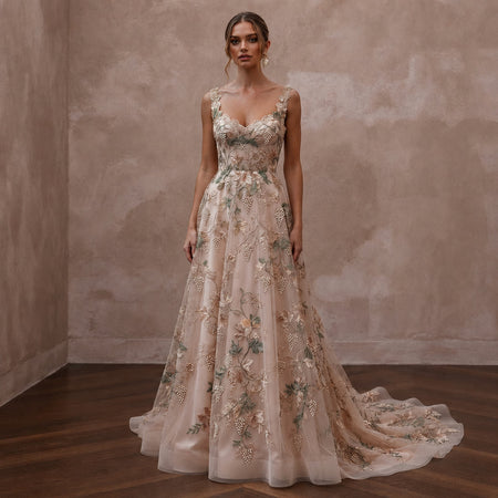 Floral Embroidered Wedding Gown for a Romantic Vineyard Ceremony