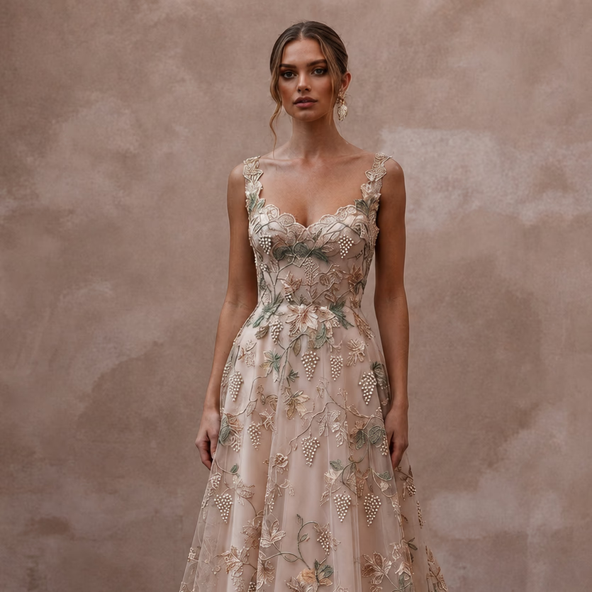 Floral Embroidered Wedding Gown for a Romantic Vineyard Ceremony