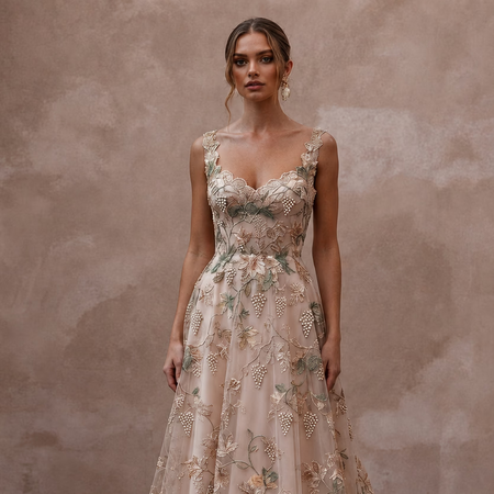 Floral Embroidered Wedding Gown for a Romantic Vineyard Ceremony