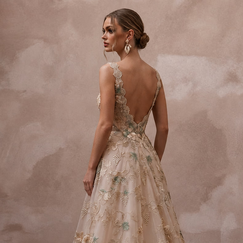 Floral Embroidered Wedding Gown for a Romantic Vineyard Ceremony