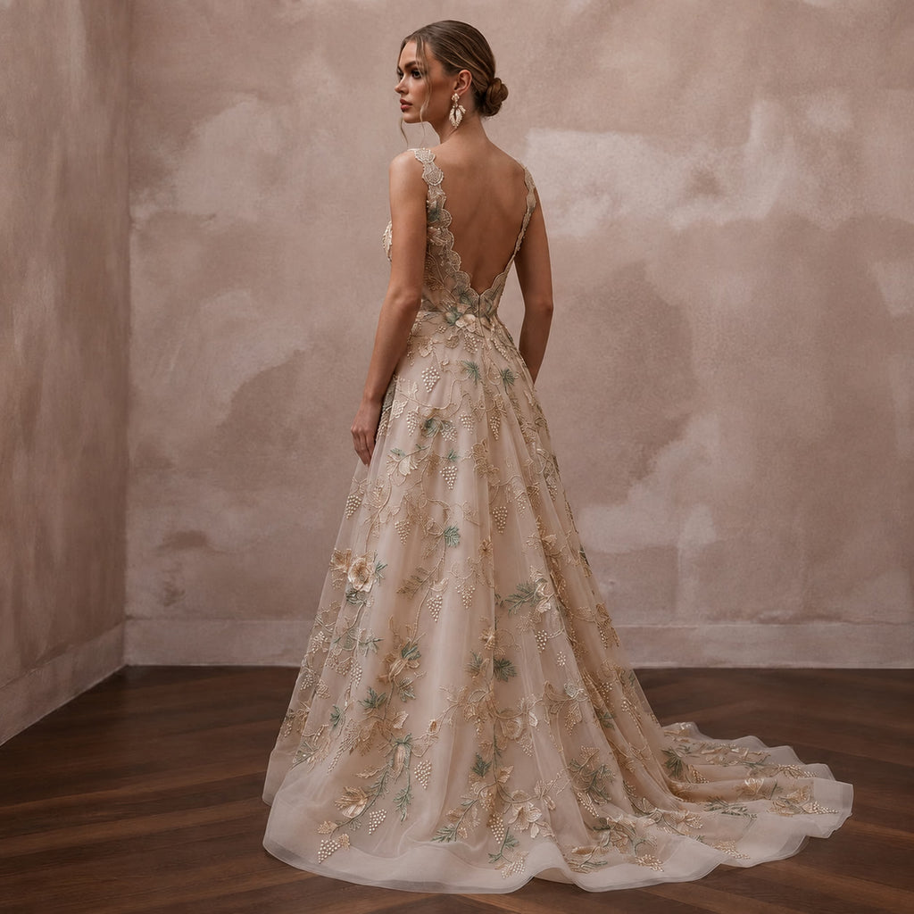 Floral Embroidered Wedding Gown for a Romantic Vineyard Ceremony
