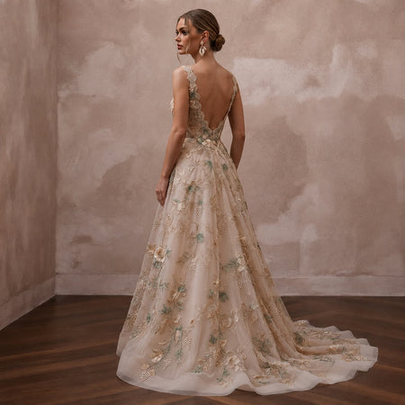 Floral Embroidered Wedding Gown for a Romantic Vineyard Ceremony