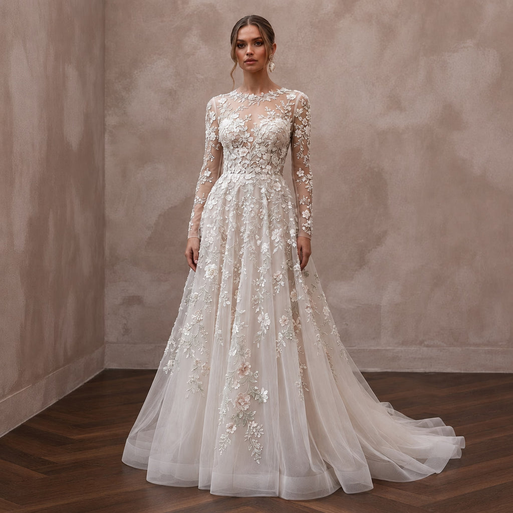 Floral Embroidered Wedding Gown with Long Sleeves for a Spring Wedding