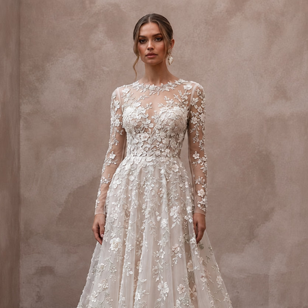 Floral Embroidered Wedding Gown with Long Sleeves for a Spring Wedding