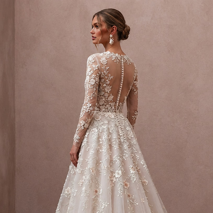 Floral Embroidered Wedding Gown with Long Sleeves for a Spring Wedding