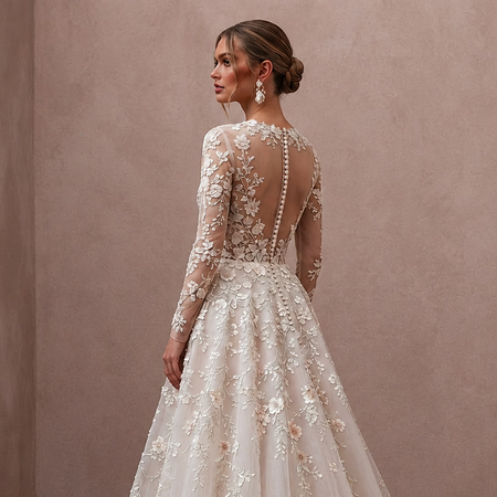 Floral Embroidered Wedding Gown with Long Sleeves for a Spring Wedding