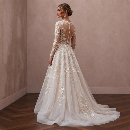 Floral Embroidered Wedding Gown with Long Sleeves for a Spring Wedding