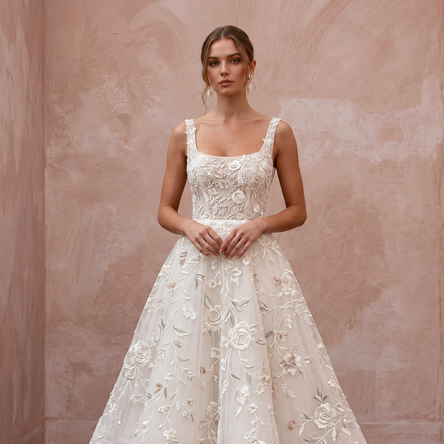 Floral Ivory Embroidered Organza Tea-Length Bridal Gown for Garden Party
