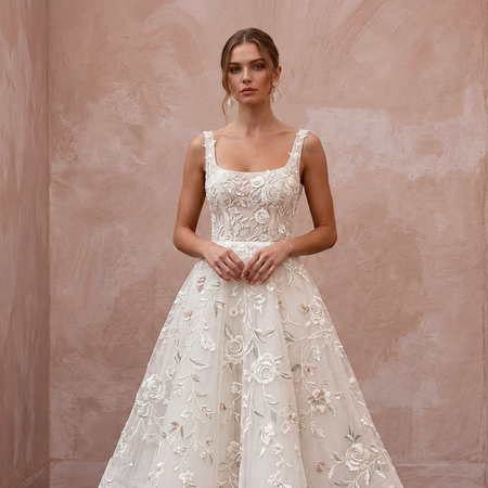 Floral Ivory Embroidered Organza Tea-Length Bridal Gown for Garden Party