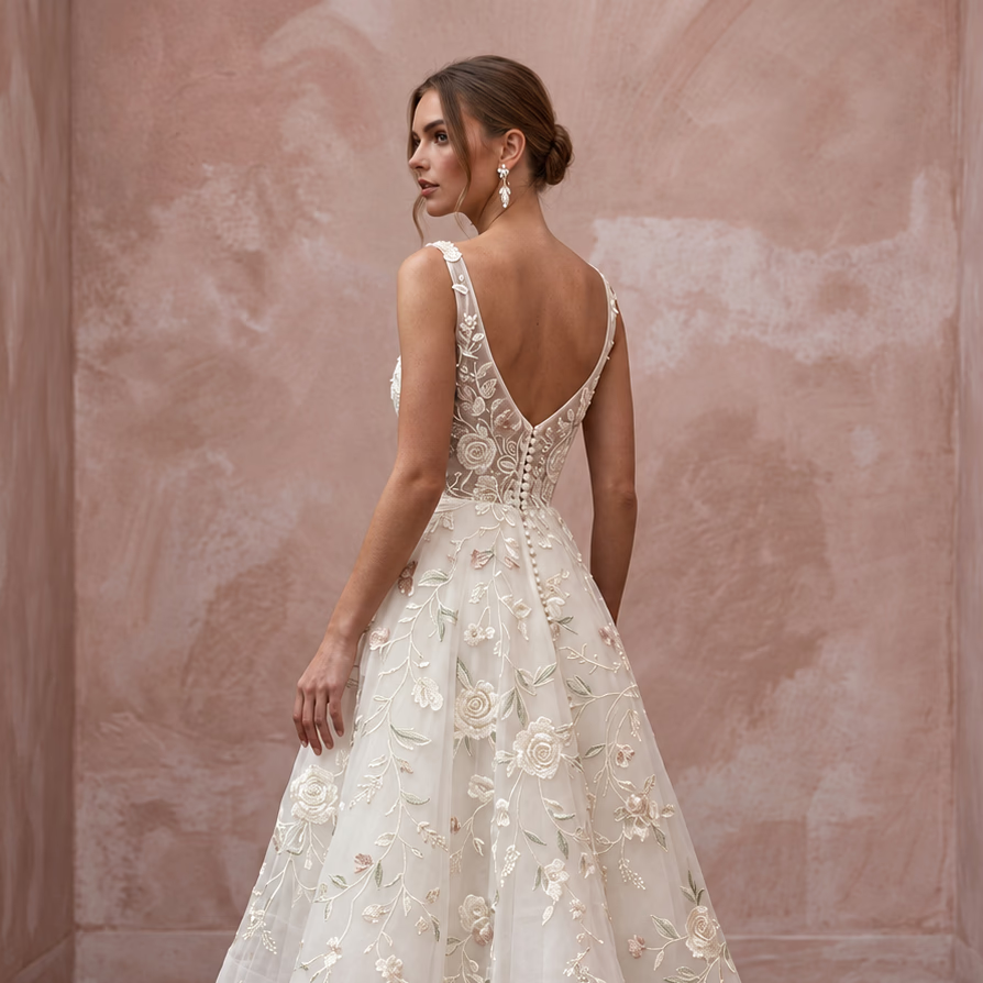 Floral Ivory Embroidered Organza Tea-Length Bridal Gown for Garden Party