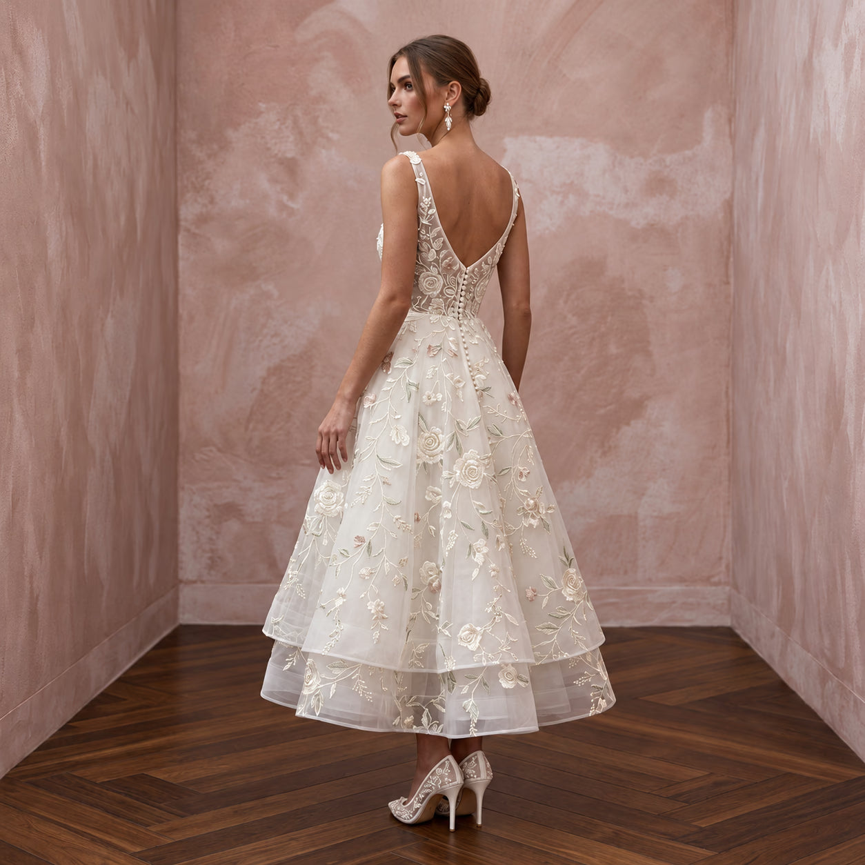 Floral Ivory Embroidered Organza Tea-Length Bridal Gown for Garden Party Secondary image