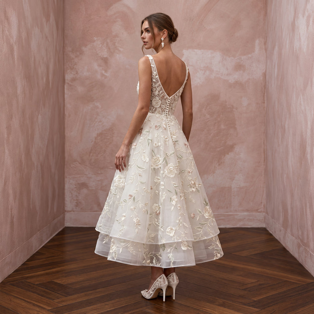 Floral Ivory Embroidered Organza Tea-Length Bridal Gown for Garden Party