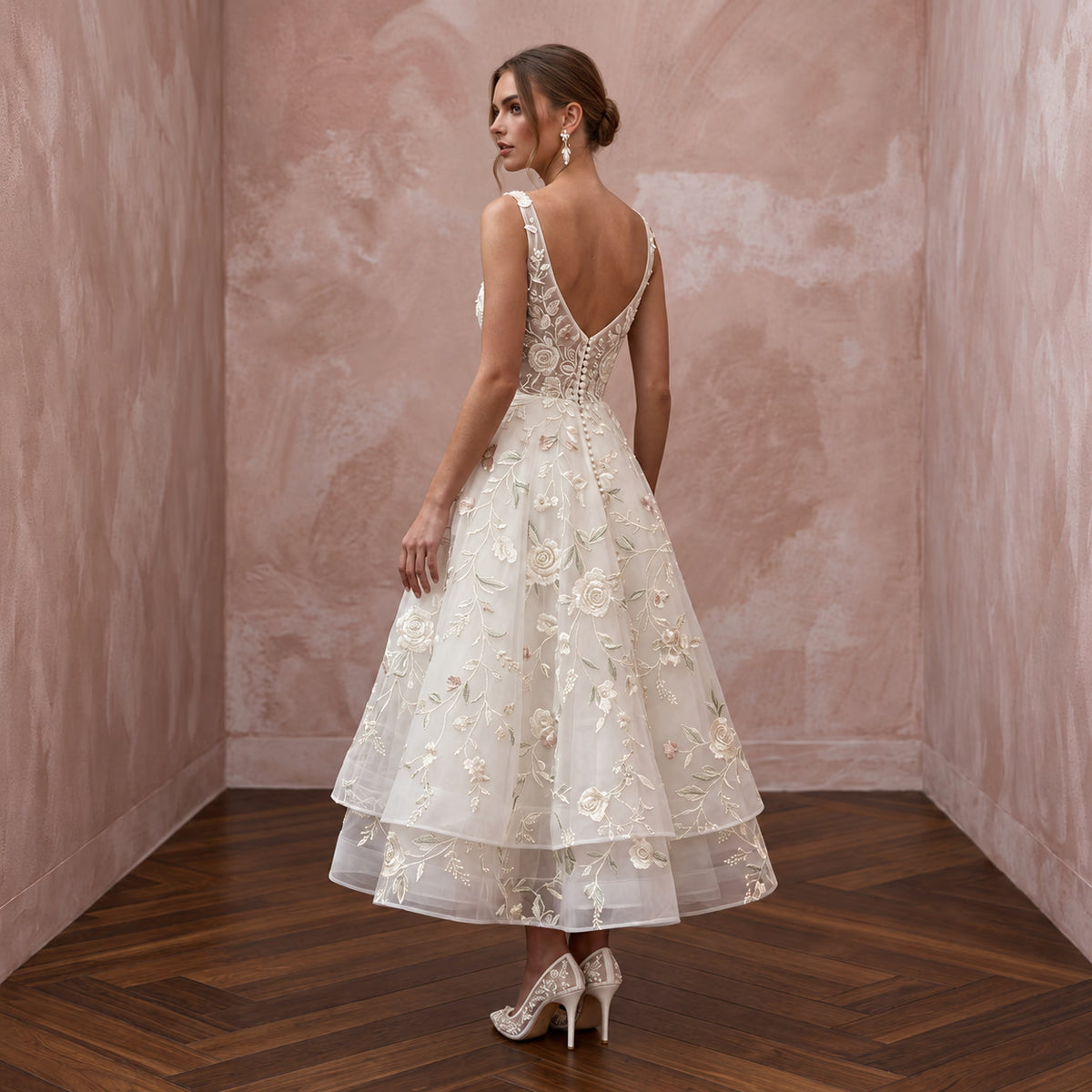 Floral Ivory Embroidered Organza Tea-Length Bridal Gown for Garden Party
