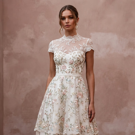 Floral Ivory Embroidered Organza Tea - Length for Garden Party - Apparel & Accessories > Clothing > Wedding & Bridal Party Dresses > Wedding Dresses - Mignonette Bridal