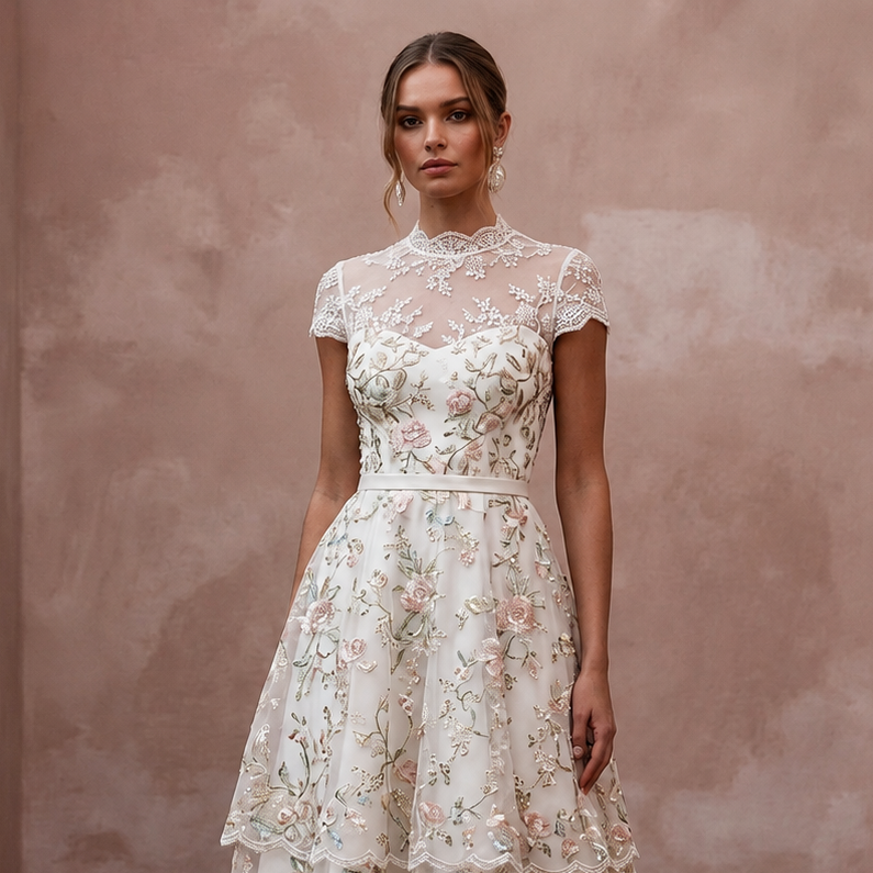 Floral Ivory Embroidered Organza Tea-Length for Garden Party