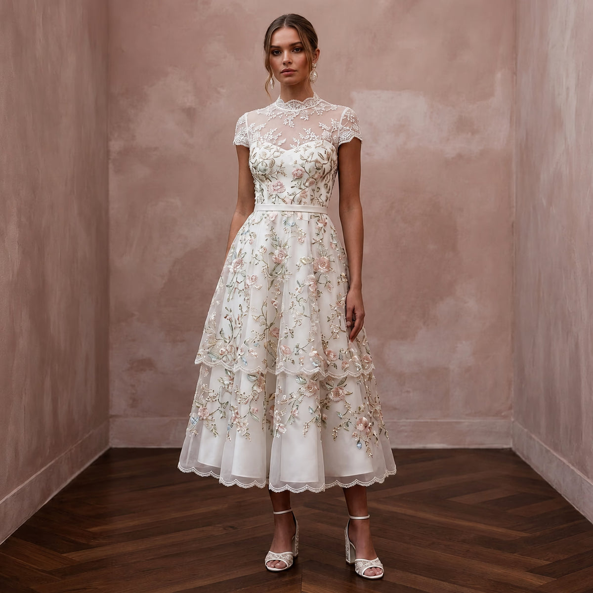 Floral Ivory Embroidered Organza Tea - Length for Garden Party - Apparel & Accessories > Clothing > Wedding & Bridal Party Dresses > Wedding Dresses - Mignonette Bridal Main image